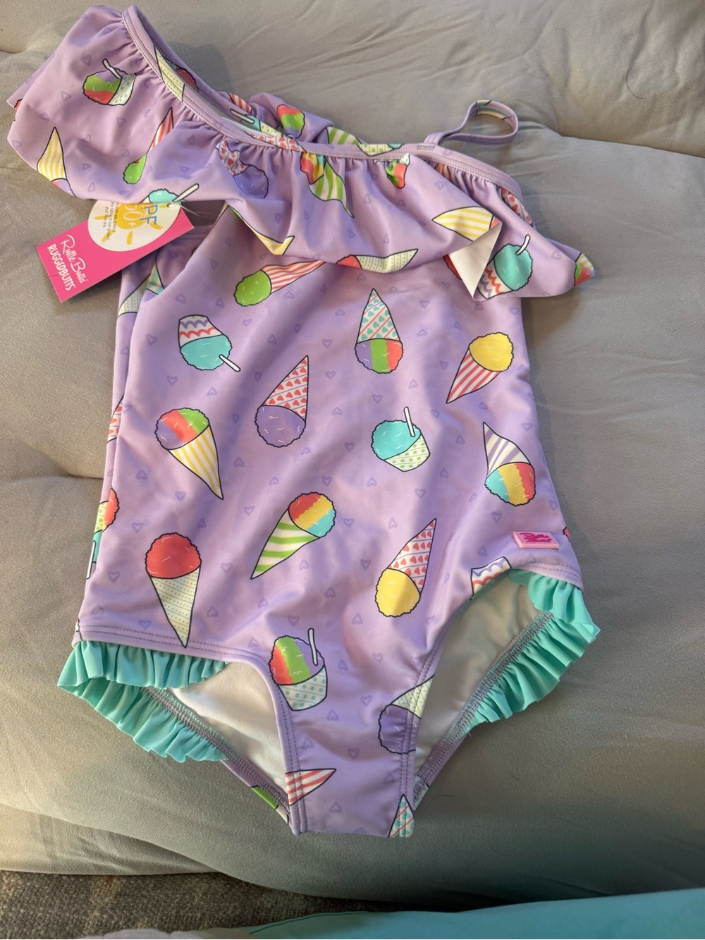 RuffleButts Lavender Ice Cream Print One-Piece Swimsuit with Mint Ruffles